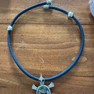 Handcrafted Green Stone Turtle Pendant Necklace in Black Cord